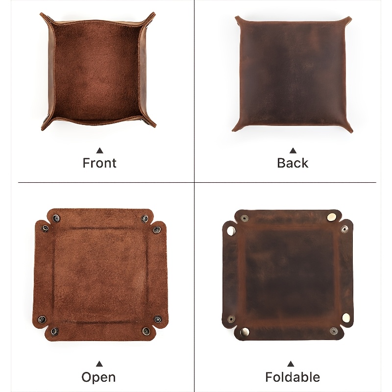 handcrafted   genuine leather square desktop organizer in deep brown featuring 4 snap closures and rounded corners this portable bedside desktop storage box serves as a versatile multi purpose organizer for keys wallets jewelry and small Product details 2