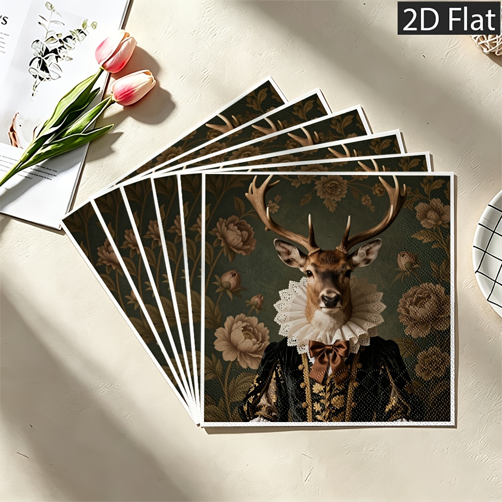 TEMU Serviettes de table jetables plates 2D, 20 pièces, double épaisseur pour plus de durabilité, tête de avec robe noire brodée vintage et col en