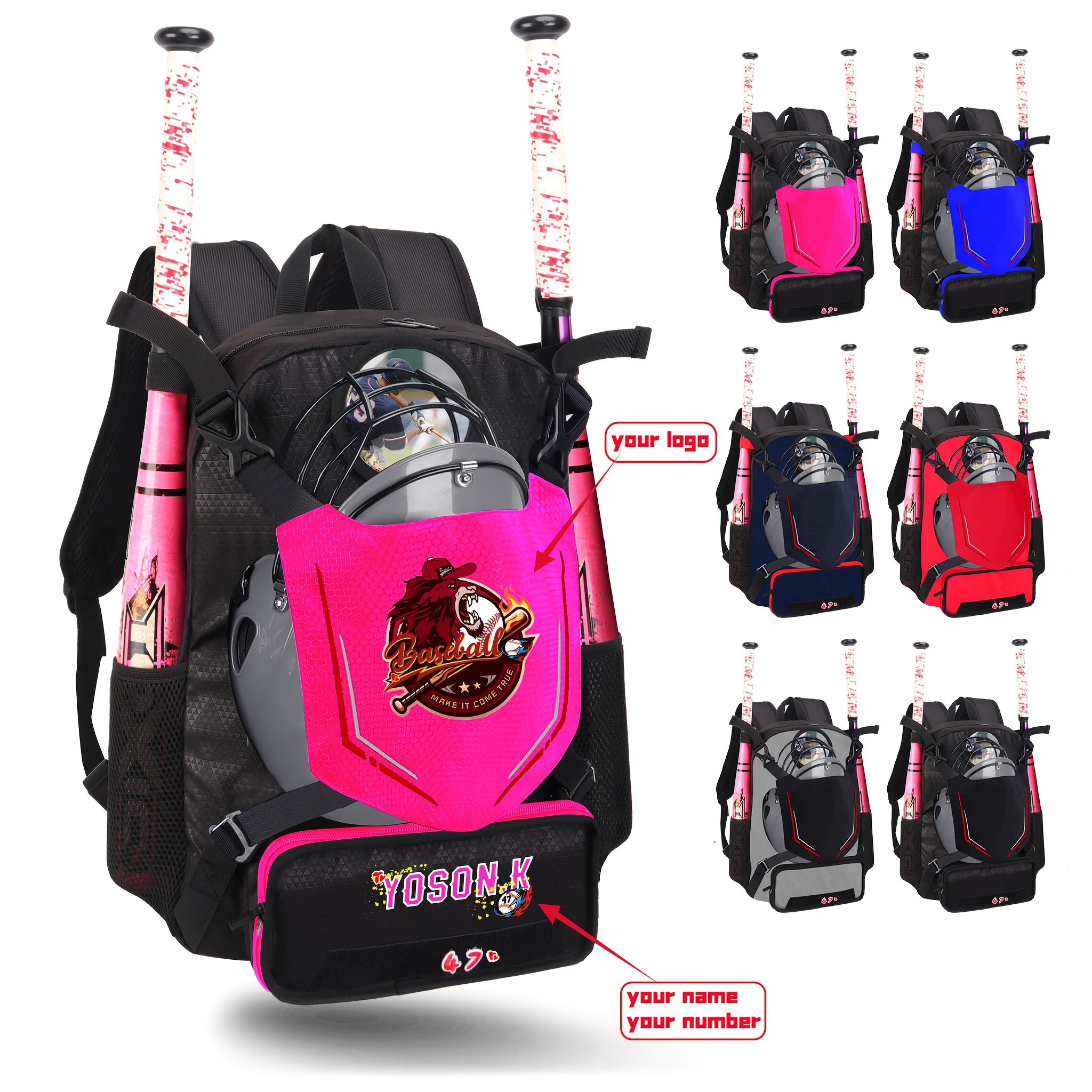 TEMU Personalized Logo Youth Baseball Backpack Custom Softball School Bookbag Tball Equipment Bag With Helmet Holder For Teens & Adults, Tee Ball Bat