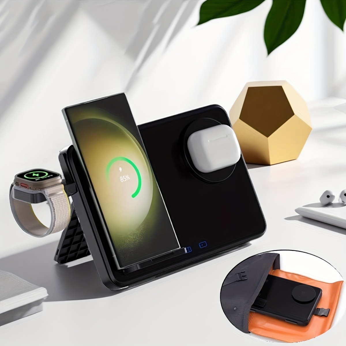 The New Magnetic Three-in-one Dual Mobile Phone Wireless Charger Is A Foldable Magnetic Wireless Charger That Charges Instantly When Placed In The Charger. It Supports Charging Two Mobile Phones At The Same Time. Smartphones/smart Watches/wireless