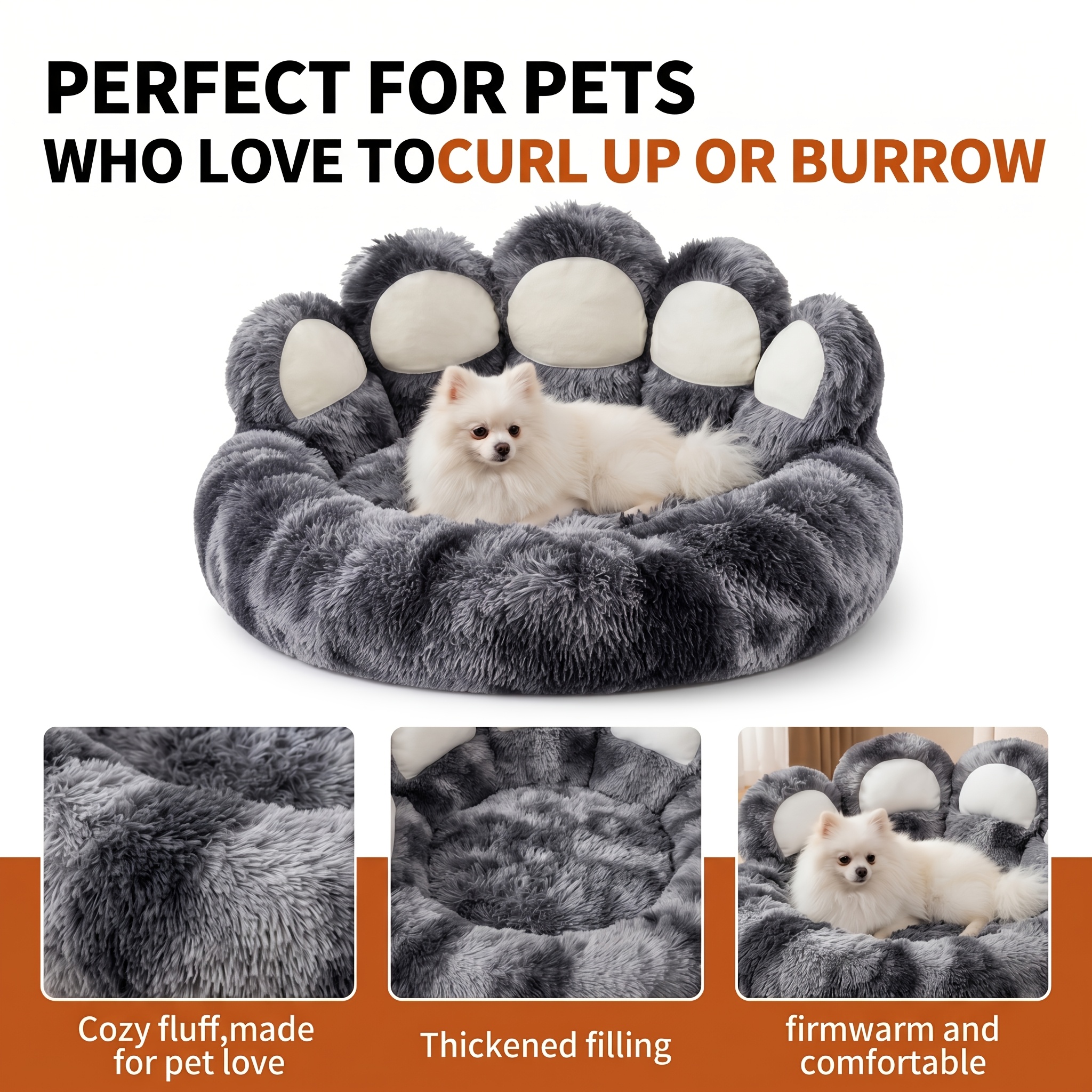 Large Dog Bed Warm Fluffy Paw Donut Bed for Pets, Anti-Anxiety & Plush, Washable, Gray Cozy Paw Shape Calming Pet Bed for Dogs & Cats, Plush Faux Fur Donut Cuddler Teddy Bear Dog Bed Donut Dog Bed Calming Dog Bed