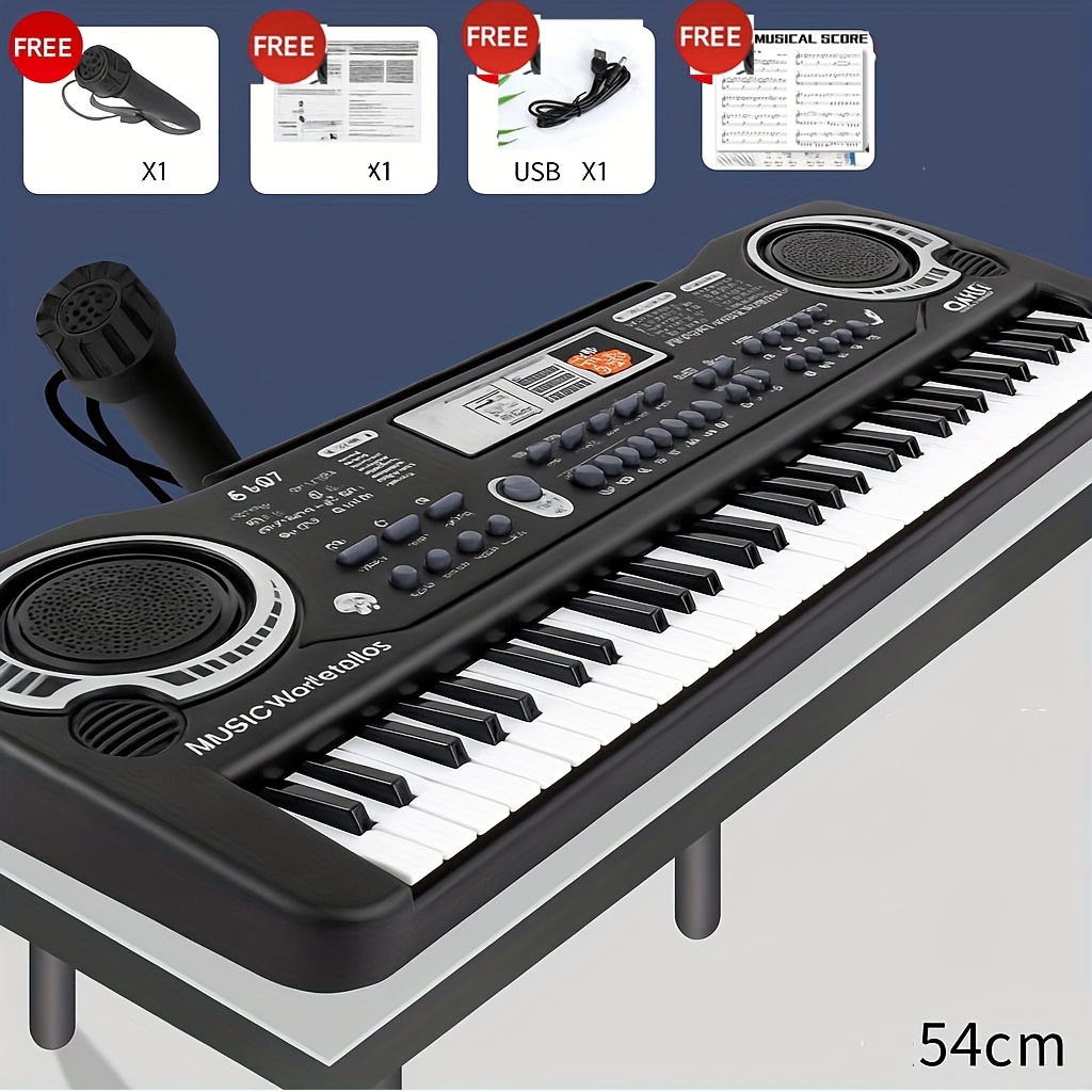 TEMU 61-key Portable Electronic Keyboard Featuring 16 Tones And 10, Complete With A Microphone And Power Supply. It Has A Foldable Design Suitable For Beginners And Includes A Music Score