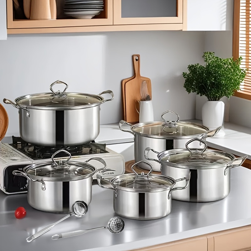 stainless steel   set 12 piece single pot with single lid double handle for   5 pots 5 pot lids     soups hot pots noodles and seafood compatible with induction and gas stoves details 0