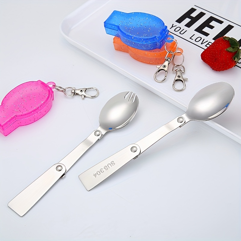 personalized 304 stainless steel   with keychain compact portable fork and spoon set reusable ideal for outdoor camping picnic   orange camping essentials compact tableware durable tableware Product details 4