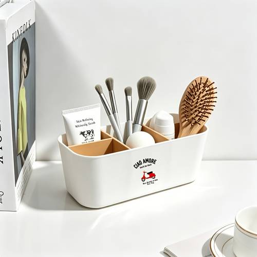 multi purpose 5 slot printed vintage red scooter plastic countertop organizer with dividers lightweight stand storage caddy bathroom desktop storage holder for toothbrushes toothpaste razors cosmetics combs scissors and remote controls