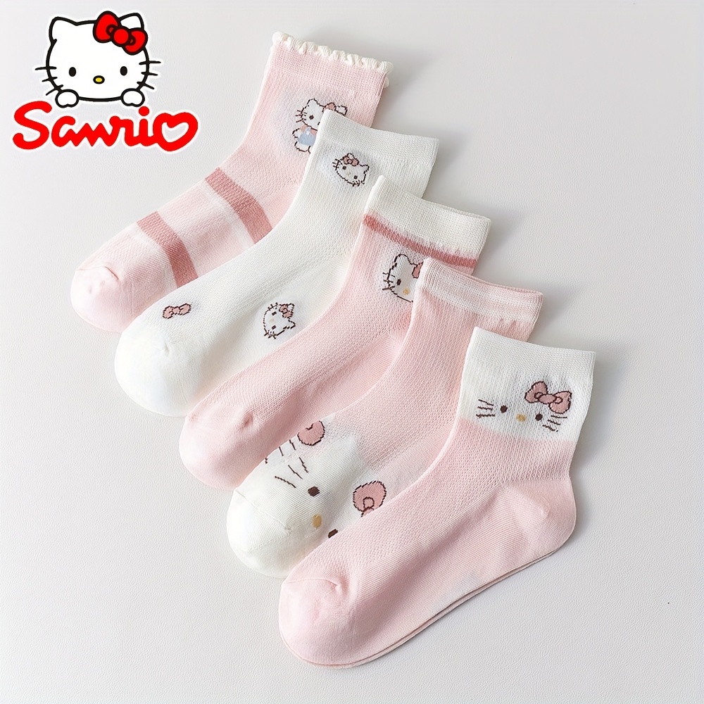 Image of 5 Pairs Thin Breathable Mesh Ankle Socks For Summer Hello Kitty Girls' Socks Soft And Comfortable, Cute Cartoon Design For School And Everyday Wear