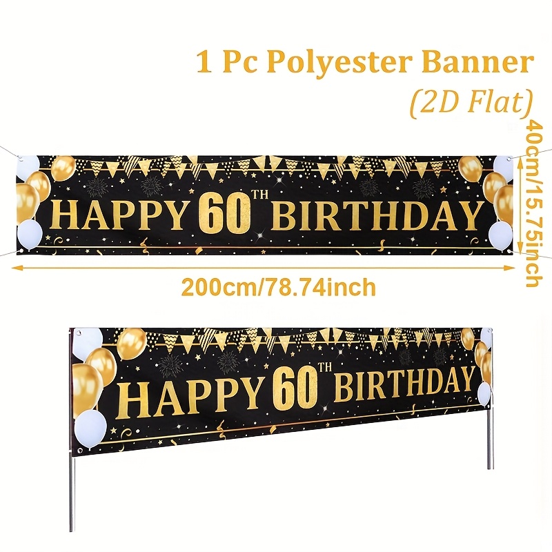 TEMU 2d Flat, 2d Flat - 2d Flat, 2d Flat - 2d Flat Banner, 1pc, 60th Birthday Polyurethane Hanging Banner, 78.74*15.75 Inches, Black Hanging Flag,