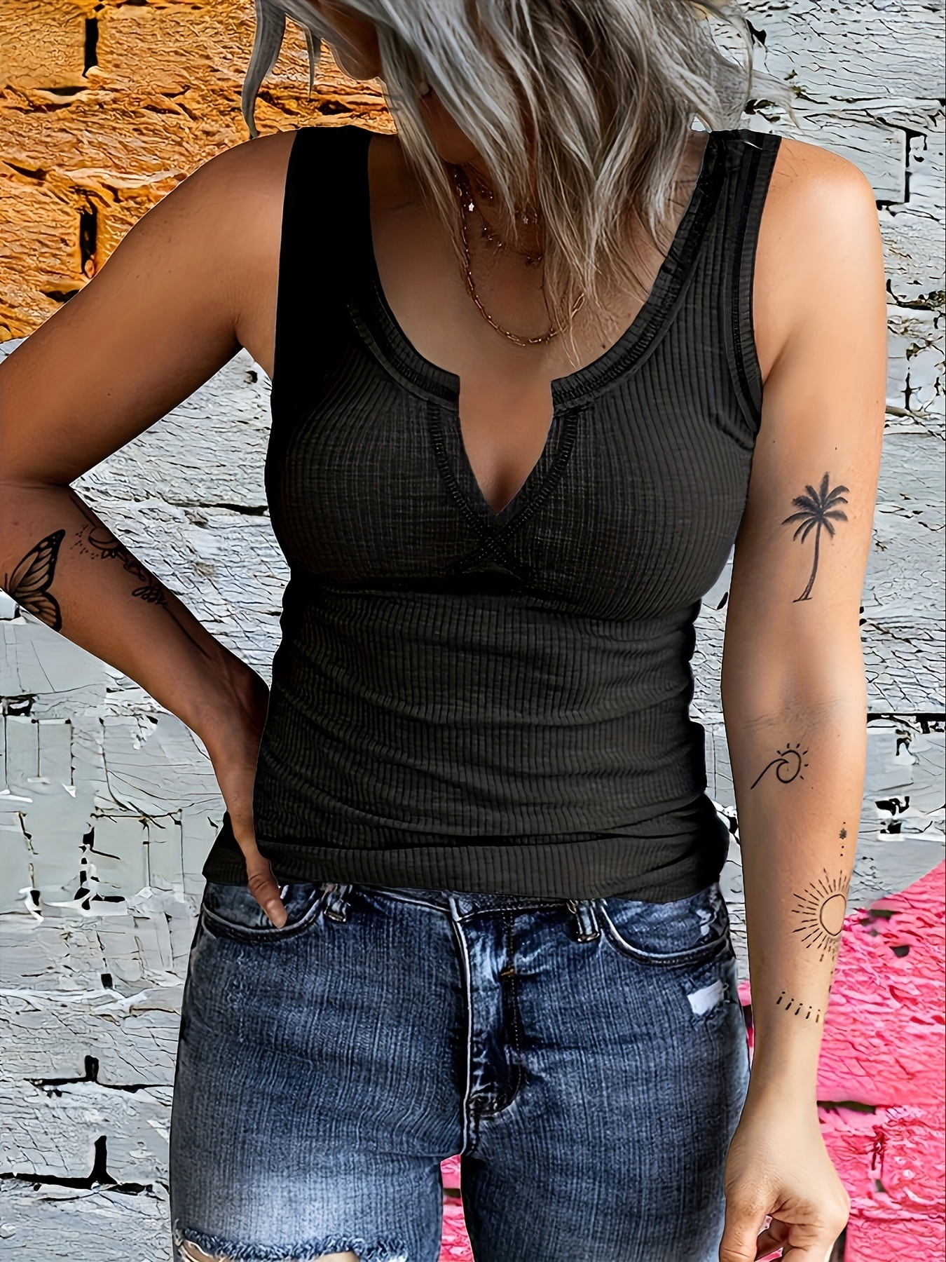 Solid Color Notched Neck Tank Top, Casual Sleeveless Tank Top For Summer, Women's Clothing