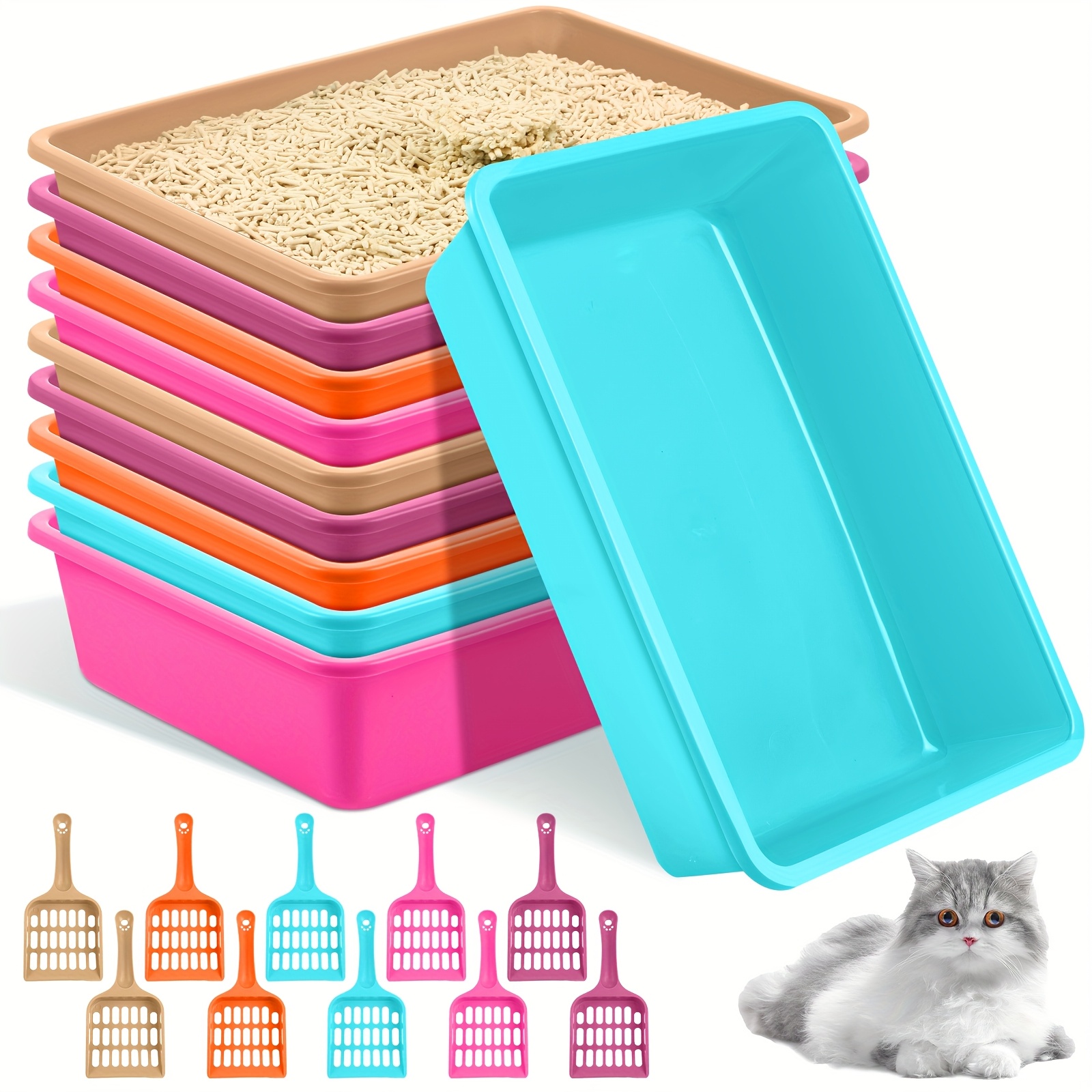 Roowest 10- Cat Litter Box With - Nonstick, Easy-to-clean Plastic Litter Pans For Cats, Rabbits - , Medium Rectangular Pet Litter Tray, 14.6x10.6x3.4 Inches, 5 Assorted Colors