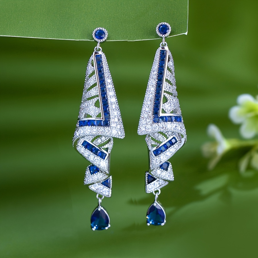 Orecchini pendenti a nastro in zircone bianco blu da sposa_voghion.com