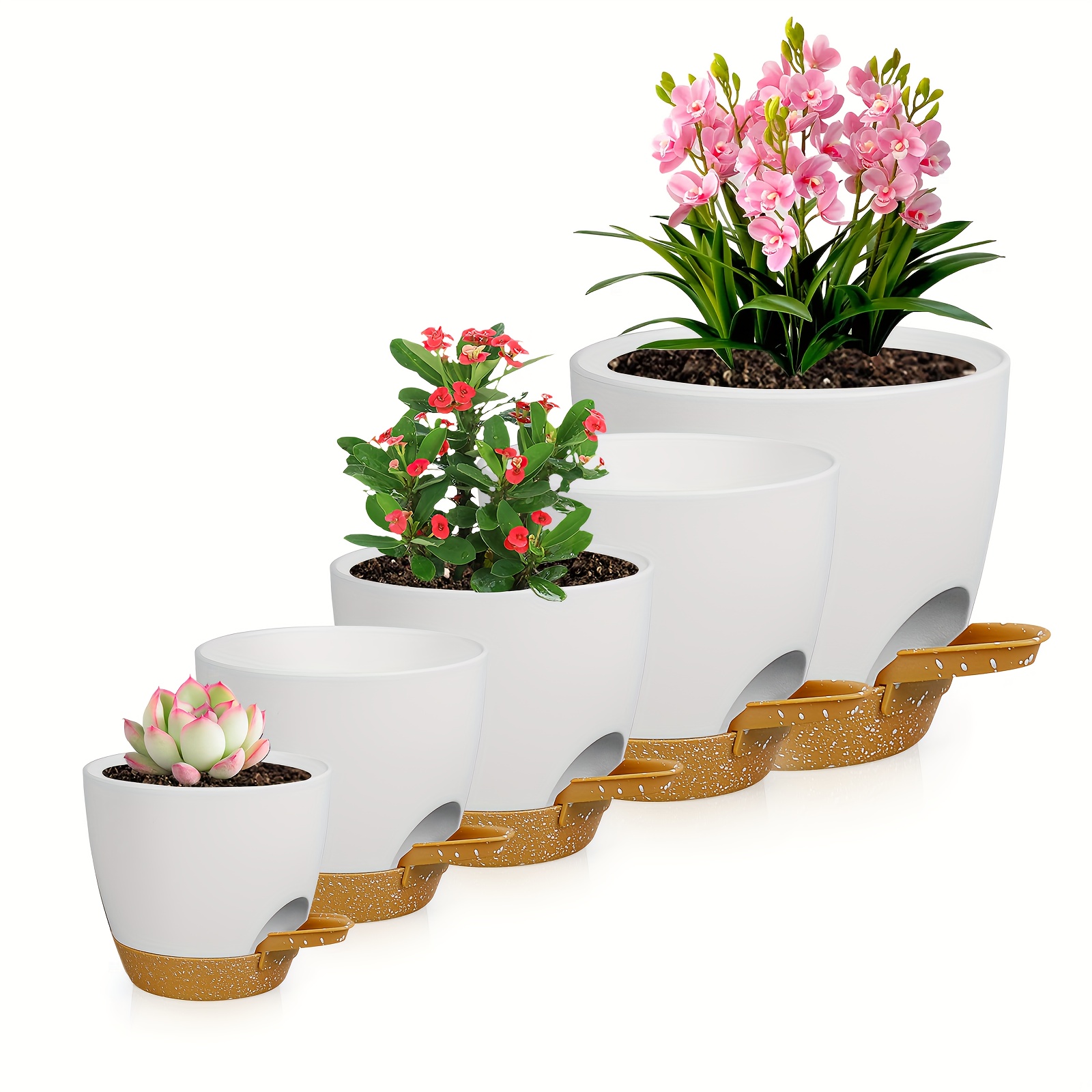 

Olisx Self-watering Plant Pots Are Suitable For Most Garden Plants, Featuring 5 Different Sizes In A Minimalist Style, Ideal For Succulent Plants And African Violets.