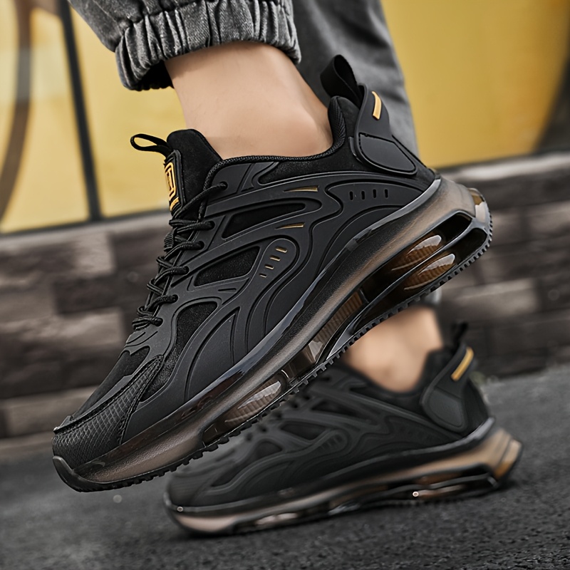 Men's Breathable High-Elasticity Shock-Absorbing Casual Sneakers - Lightweight Low-Top Outdoor Running Shoes with Cushioned EVA Sole, Durable PU Upper & Fabric Lining for Hiking, Daily Wear (Black/Golden Accents)