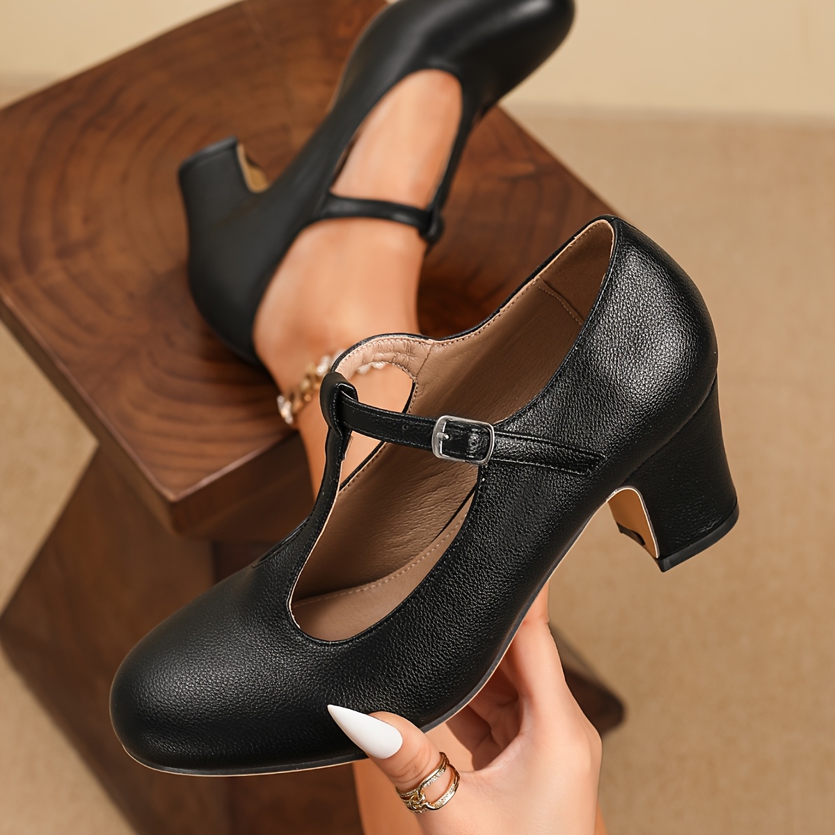 Image of Miss Women's T Strap Pumps, Round Toe Chunky Block Heel Dress Shoes, Adjustable Vintage Retro Heels, Comfortable Formal Party Wedding Shoes For Ladies, Black White Beige, Women Shoes