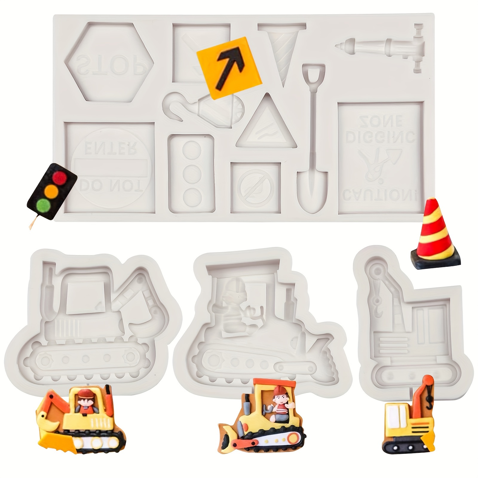 Image of 4pcs Construction Vehicle Silicone Molds Suitable For Cake Decorating, Candy, Chocolate, Resin & Clay - Excavator, Bulldozer, Crane, Forklift Molds For Parties, Themed Baking, Sugar Crafts