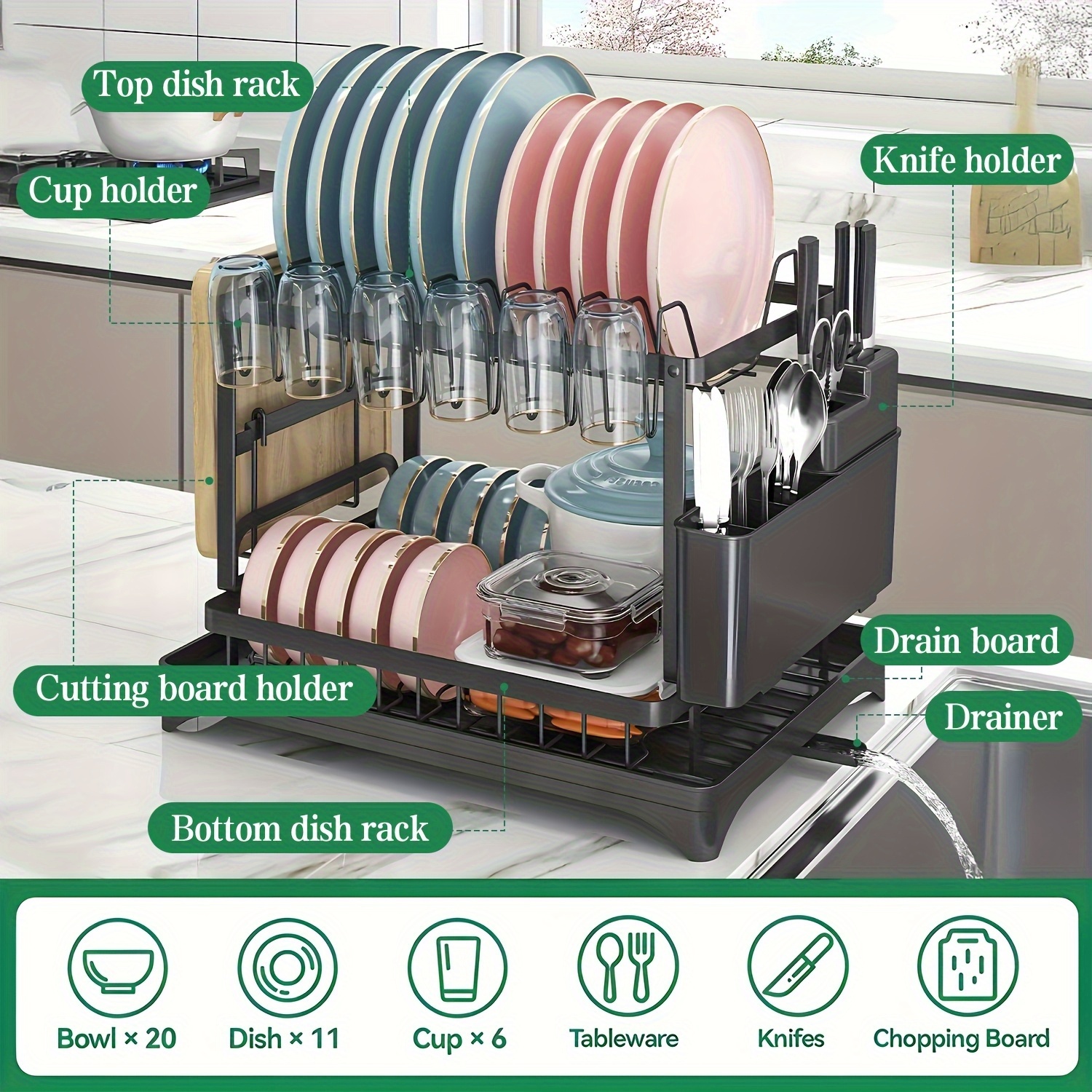 heavy duty space saving dish drying rack two tier kitchen organizer with draining board sturdy metal construction for plates bowls cups utensils compact countertop dish rack for home commercial kitchens sleek     storage solution rustresistant material busy households Product details 4