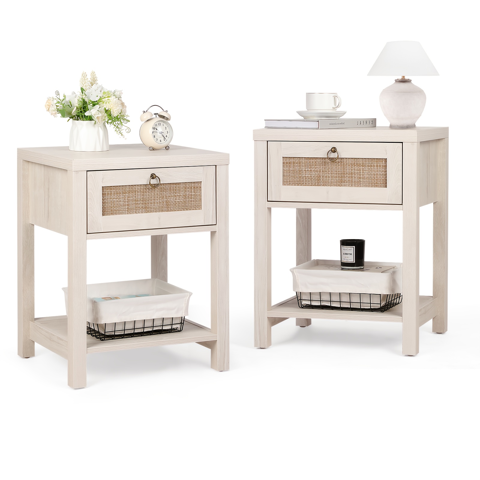 VOWNER White Rattan Nightstand Set | 2-Piece Boho Bedside Tables