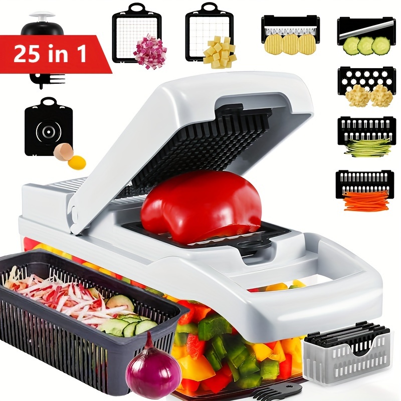 

15/25 Pieces 1 Set, New Stainless Steel Blade Chopper, Professional Onion Grater, Best Kitchen Fruit And Vegetable Chopper With Container, Saver, Manually Operated, Space Saving Kitchen Gadgets