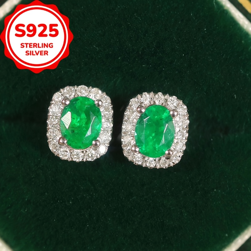 1pc s925 sterling silvery unique   emerald oval stud earrings versatile french   womens fashionable european american ear accessories   gift for her Product details 0