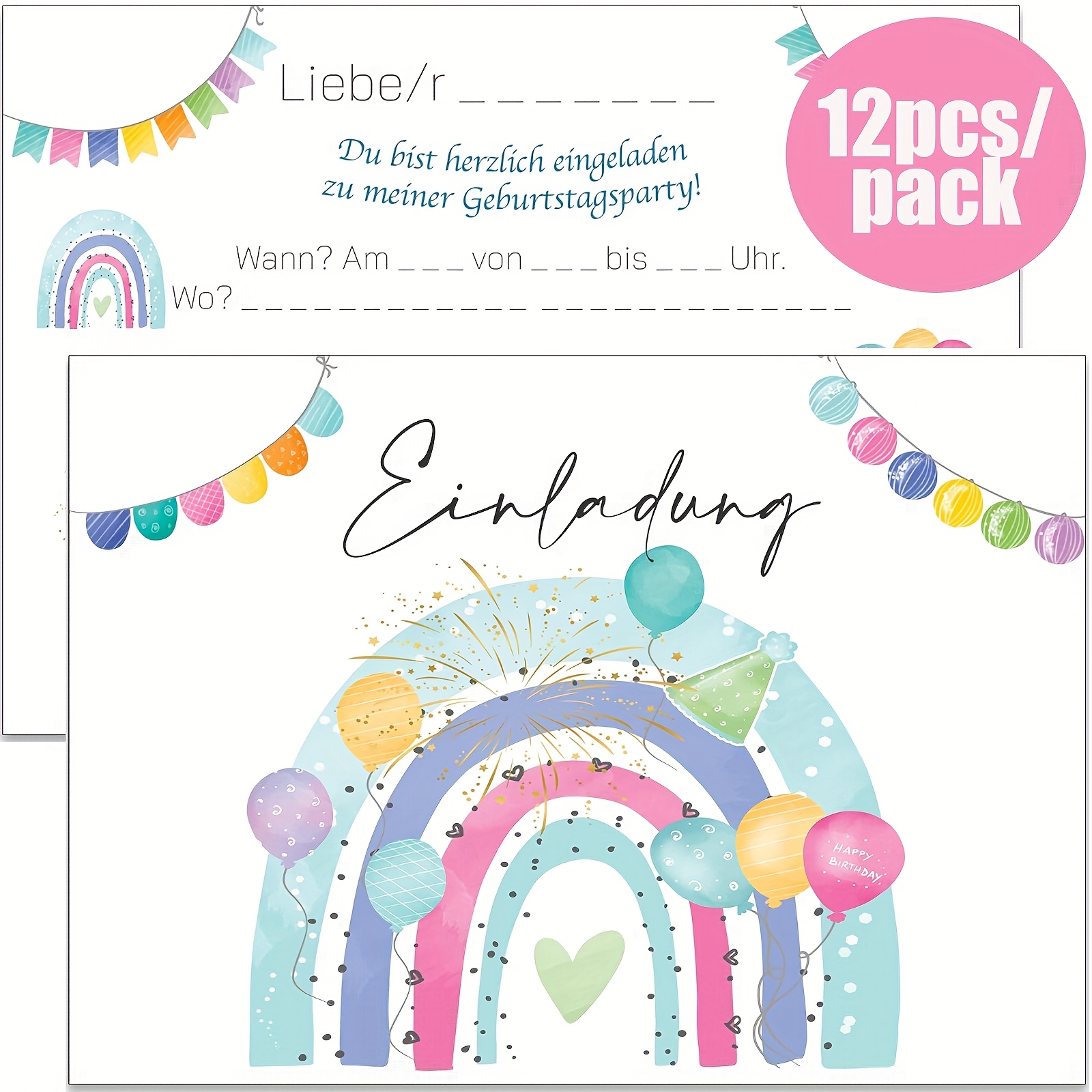 TEMU 12pcs/pack Rainbow Balloons Birthday Invitations Birthday Party Invite Cards