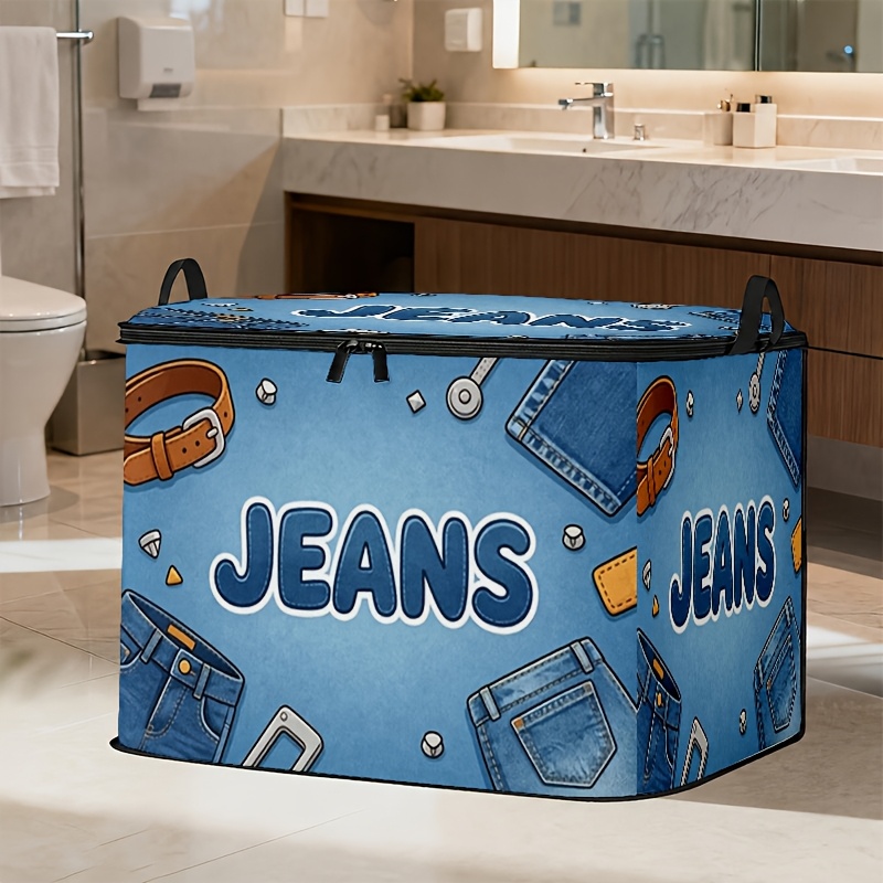 TEMU Choose 2d Printed Denim-themed Storage Boxes - Fun "jeans" Letter Design With Belt, Button, And Pocket Elements, Color Scheme, Suitable For