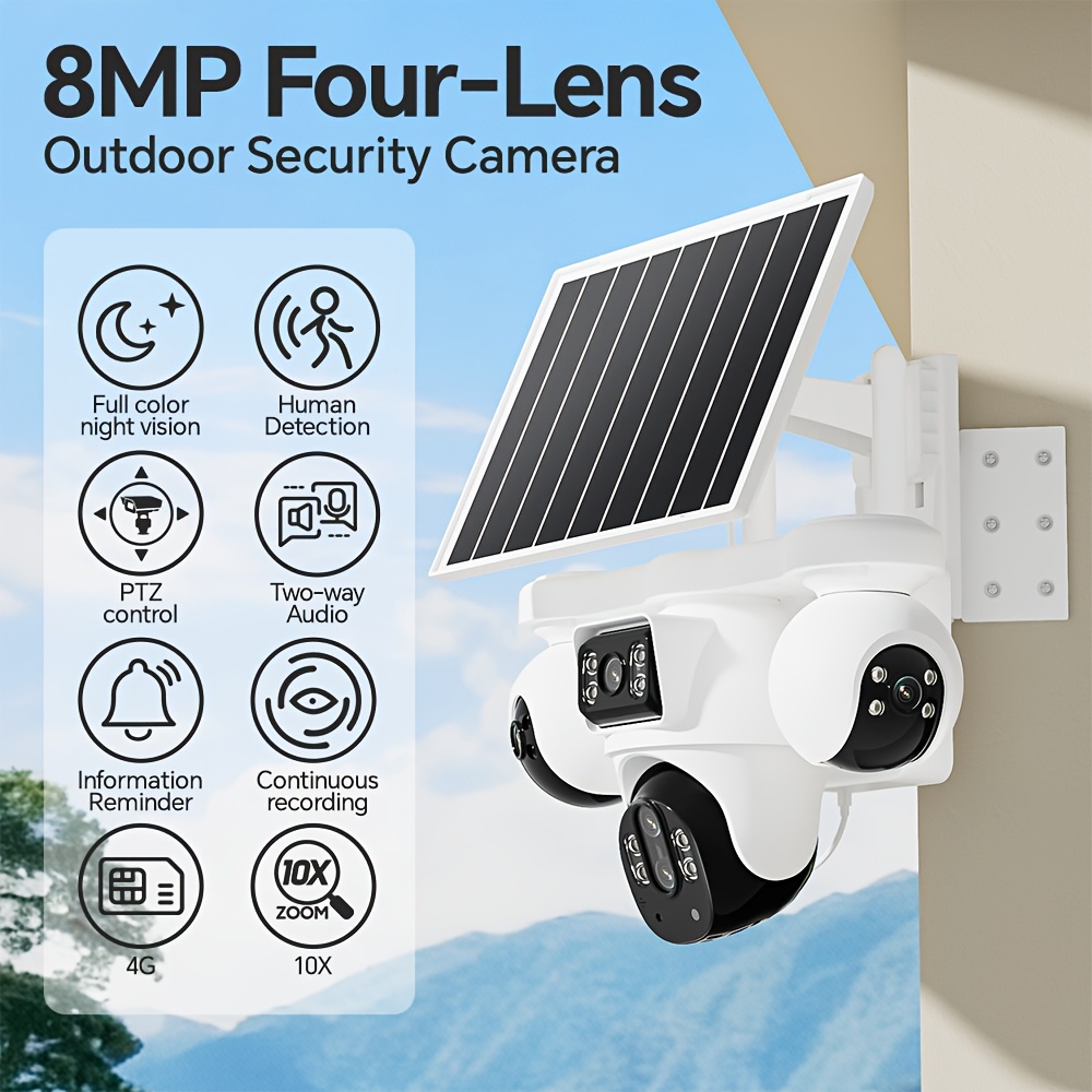 Image of The V380max Five-lens Solar-powered Security Camera With 10x Optical Zoom Supports 4g Lte And Features 8-megapixel Ultra-high Definition, Audio, 360° Horizontal Rotation, And 90° Vertical Tilt.ip65
