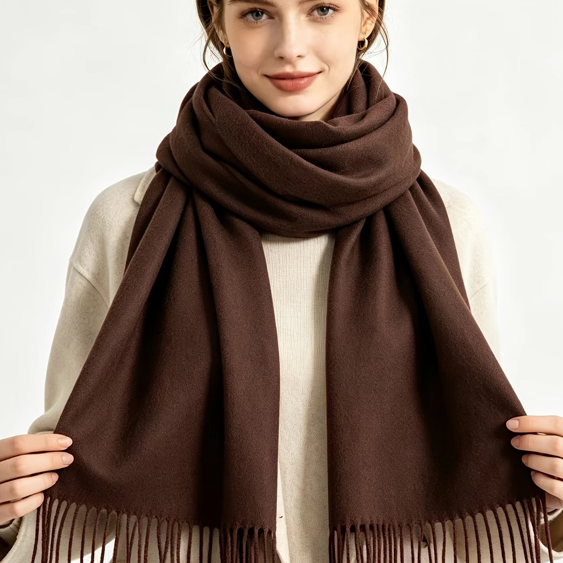 TEMU 1pc Unisex Small Size Double-sided Cashmere Scarf, Solid Color With Tassels Soft Warm Lightweight Neck Warmer Scarf For Men Women Autumn Winter