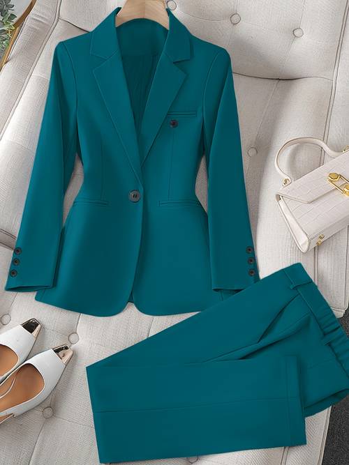 womens 2pcs suit set high intelligence fit solid long sleeve and trousers for office interview graduation wedding lightly mature formal outfit casual wear