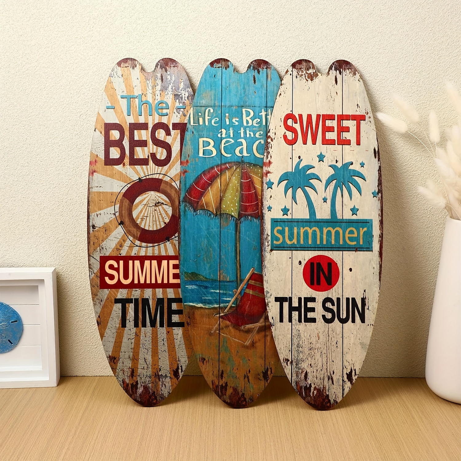 3pcs beach themed wooden surfboard wall decor set 17 6 x6 2 perfect for living room bedroom bathroom details 1