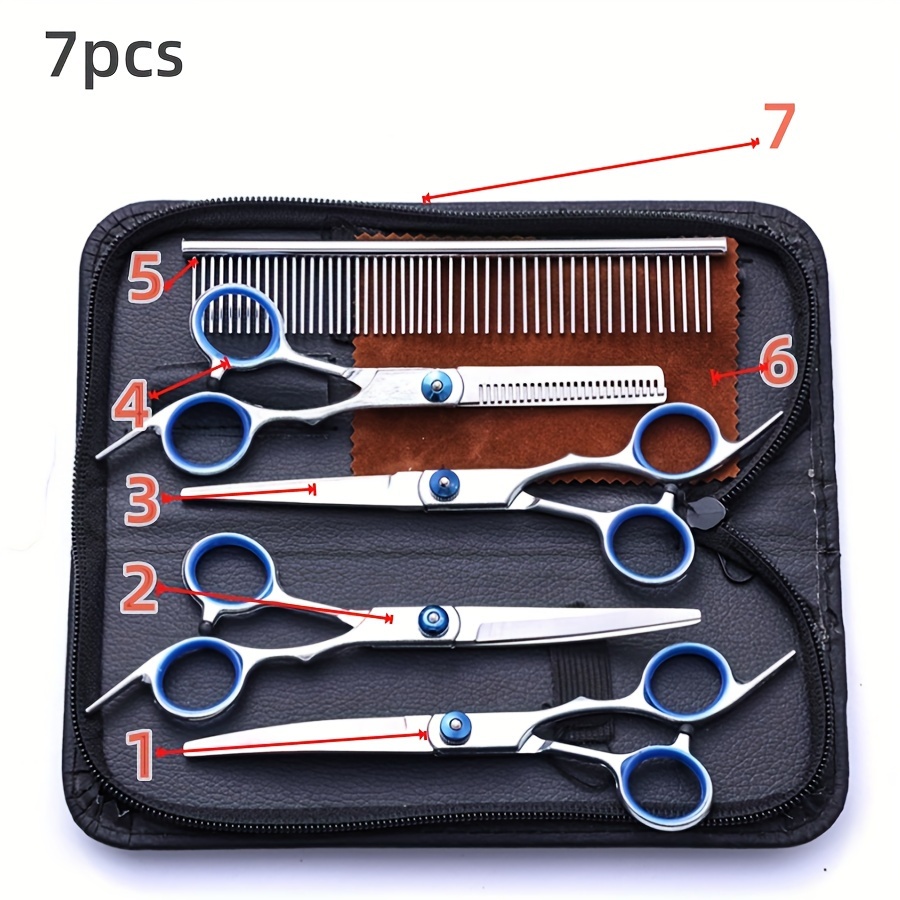 TEMU 6pcs/7pcs Pet Grooming Set, Stainless Steel Trimming Shears Downward, , Curved Blades And Comb, -handed , Dog Grooming