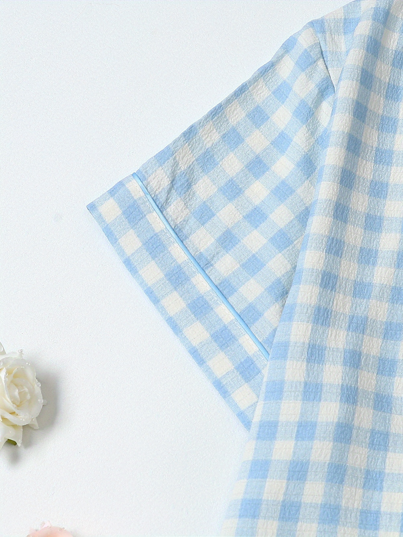 womens casual gingham pajama set short sleeve blouse with button up shorts with bow detail soft breathable fabric for spring summer relaxed fit casual wear gingham pattern short sleeve top gingham pajamas Product details 3