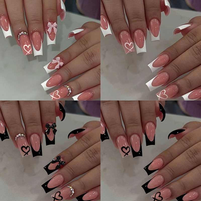 E-shop 96-teilige lange quadratische Press-On-Nägel mit Herz- & Schleifen-Dekor, süßer Stil, Vollabdeckung für Frauen, Schwarz Rot, Sommer-Nageldesign,