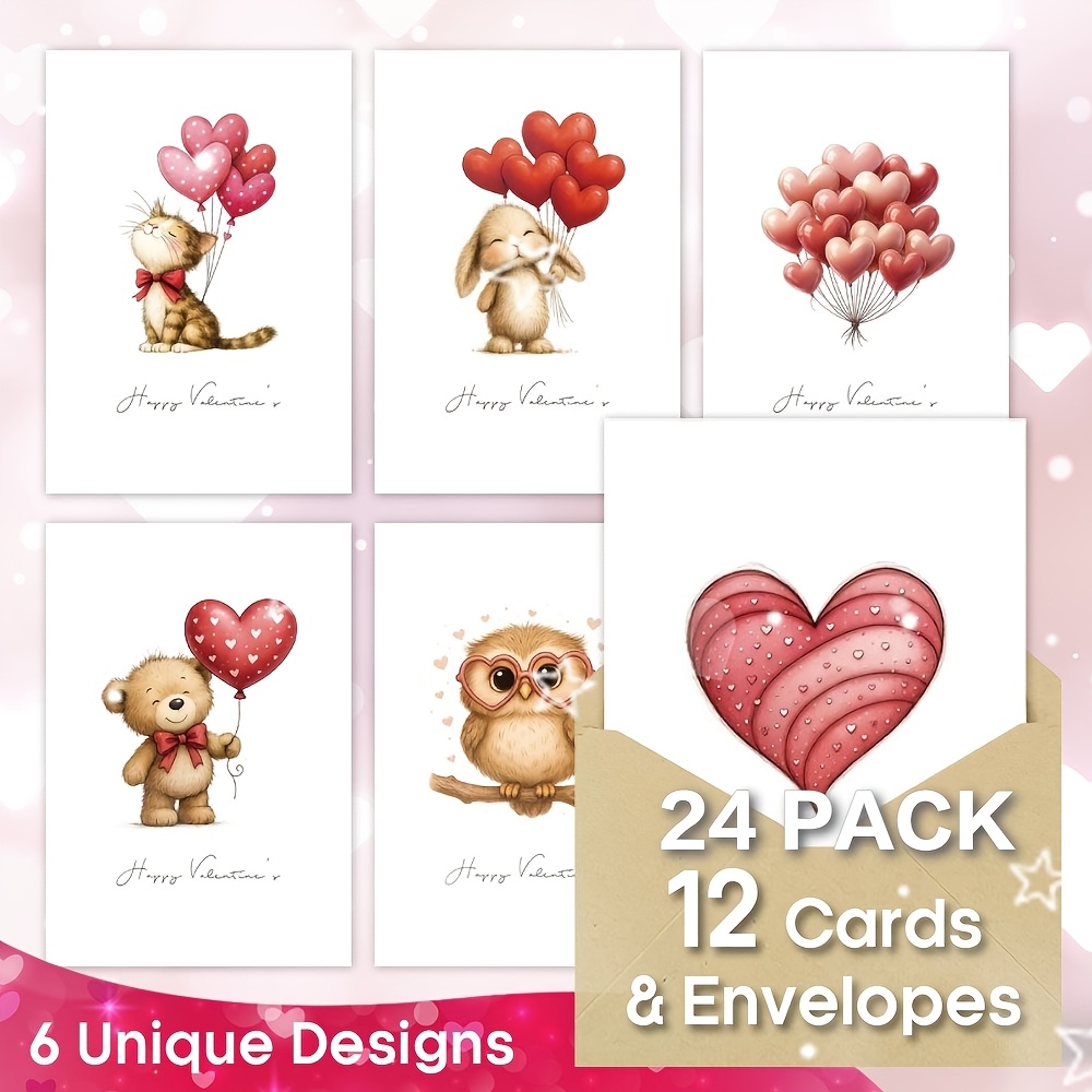 TEMU 1 Set Of 24 Pieces (includes 12 Greeting Cards And 12 Envelopes), Whimsical Animal And Heart Balloon Valentine's Day Cards With Envelopes | Fun