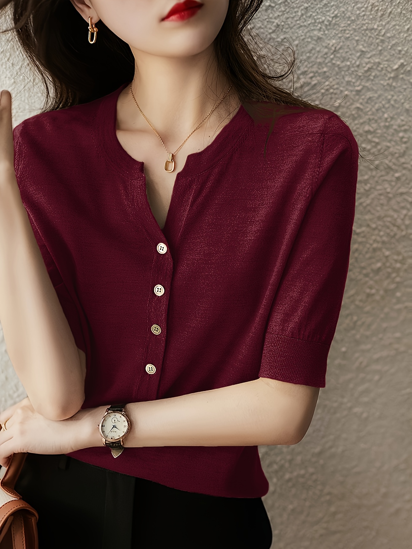   solid color short sleeved v neck t shirt womens thin loose fashion top easy high end sense