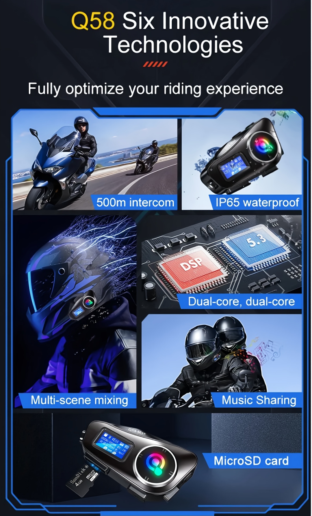 Dispositivo de comunicación para casco de motocicleta Q58-MAX, intercomunicador inalámbrico 5.3, 500M, con intercomunicador Moto, función de compartir música y pantalla LCD