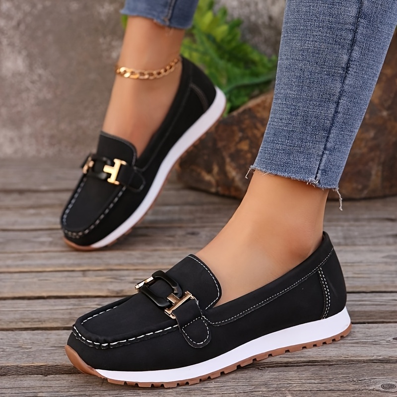 womens casual slip on loafers black   cover with golden metal   round toe non slip rubber sole comfortable   flats for work shopping and casual attire casual footwear golden   accent synthetic cover shoes ladies shoes wide width