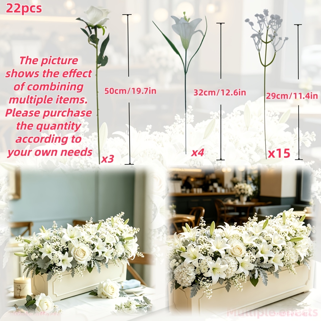 TEMU 22pcs Artificial Flowers, Roses And White Lilies And White 's Breath Combination Set. Suitable For Living Room Decoration, Bathroom Decoration,