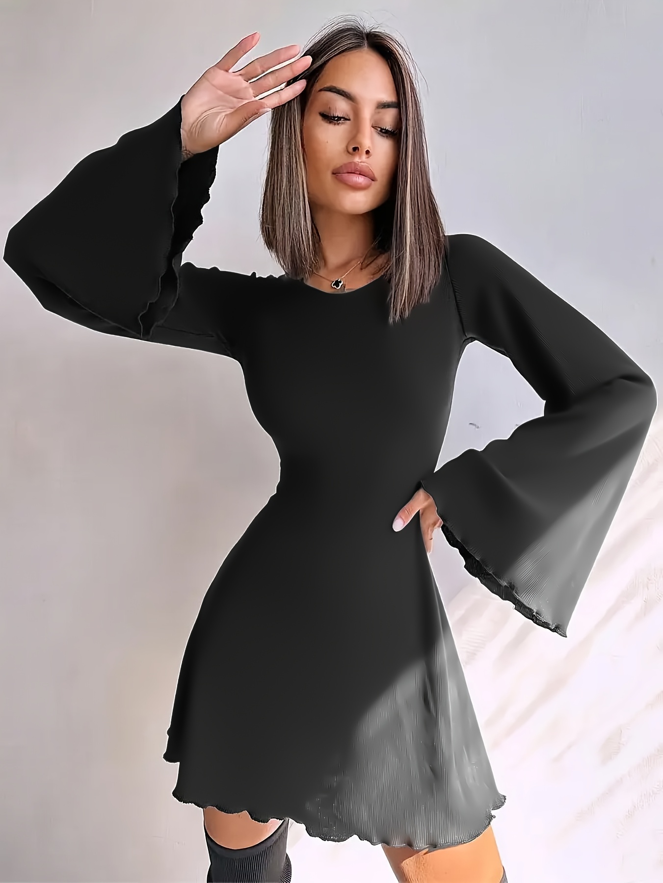 a stylish solid color shoulder mini dress women bell sleeves - Temu Oman