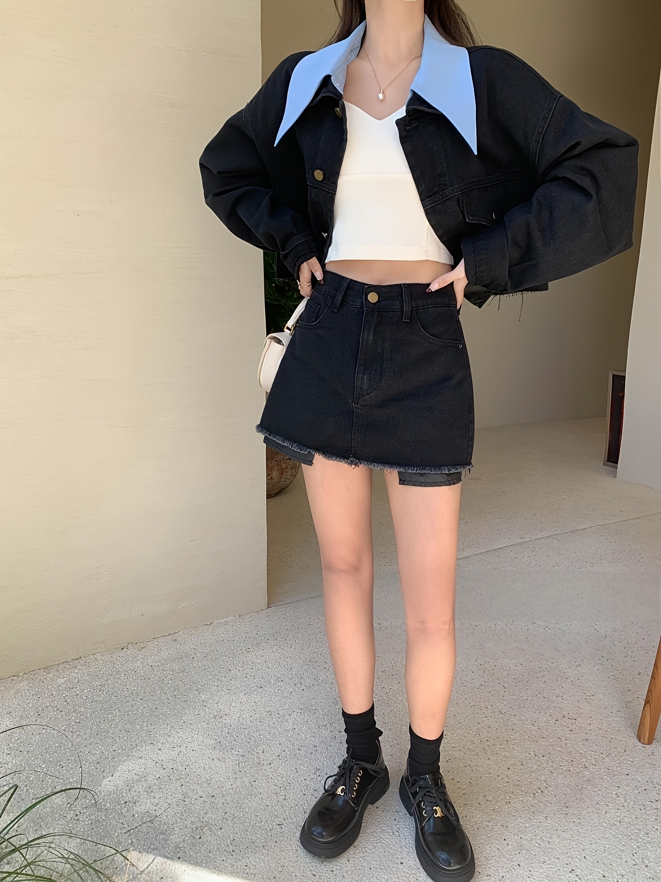 design black washed denim detachable shirt collar short Temu