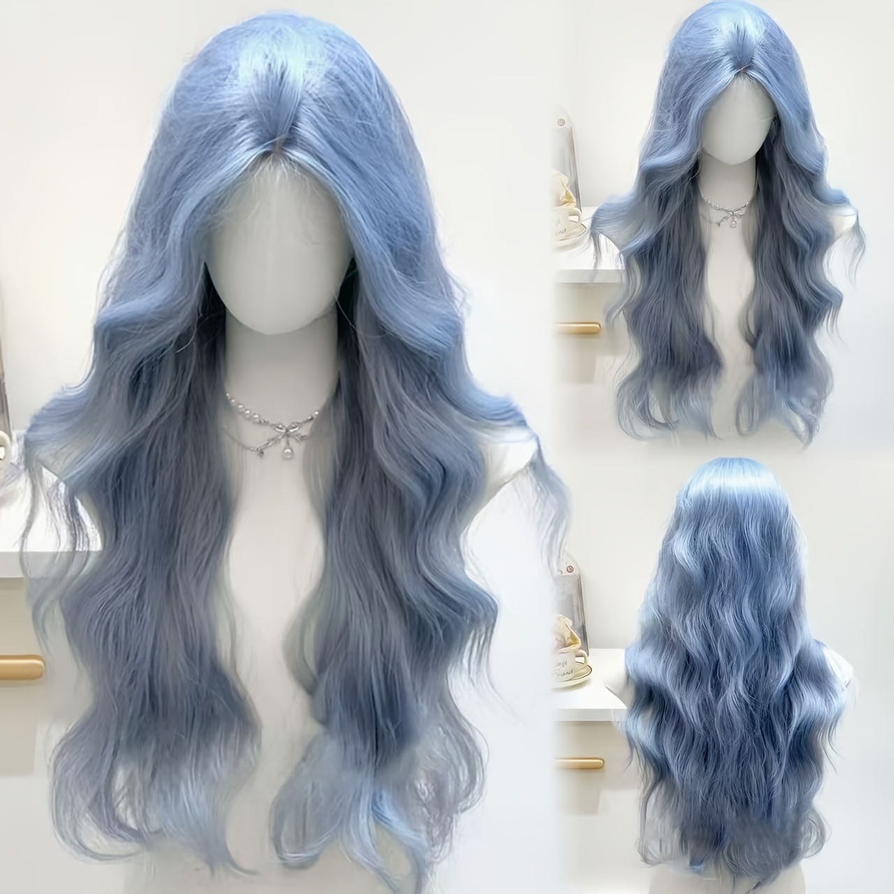 Image of -inch Women's Wig In Blue With A Center Part And Wavy Long Curls, In A European And , Fluffy And Breathable, Suitable For Halloween Role Play, Daily Photography, And Dating.