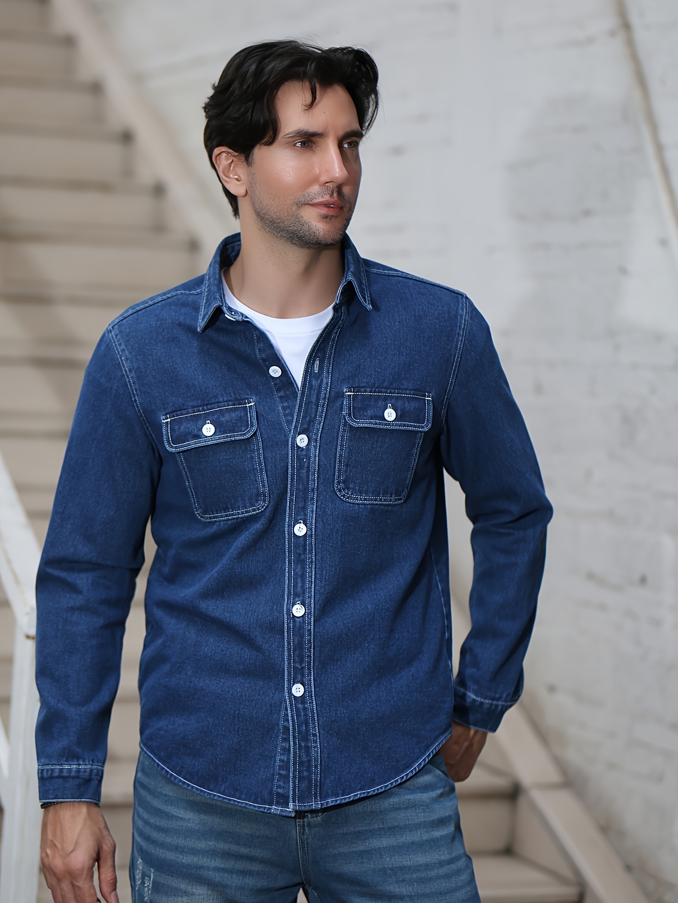 mens heavy duty casual denim shirt jacket classic collar Temu