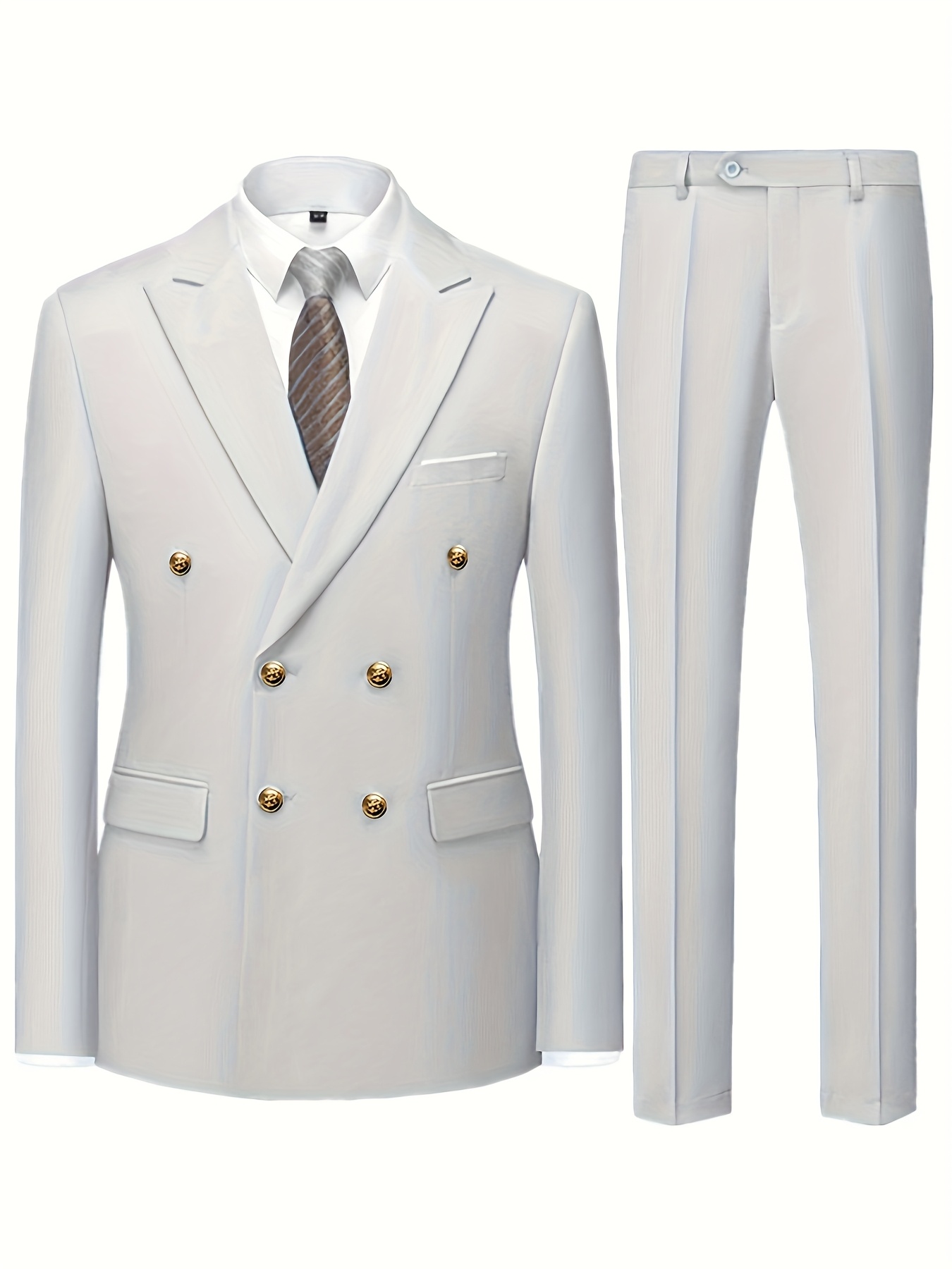 Men's Slim Fit Light Blue Double-Breasted Blazer & Pants Set - Elegant Evening Dress Suit for Business or Formal Occasions, 2pcs Polyester Fabric Outfit with Lapel Collar and Button Details, Formal Wear|Sleek Suit Design|Golden Button Accents