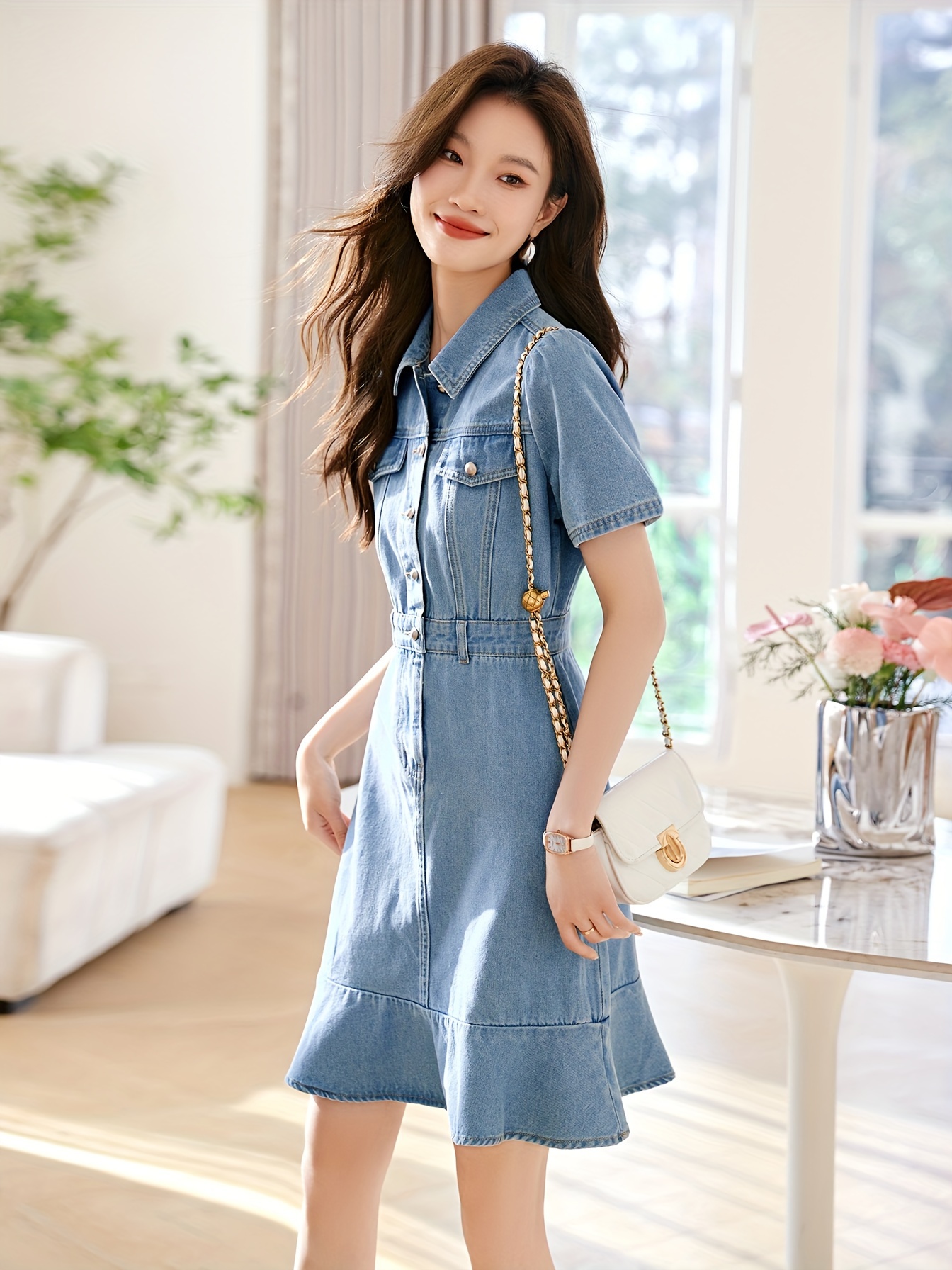 mo womens french vintage denim midi dress fit knee Temu Germany
