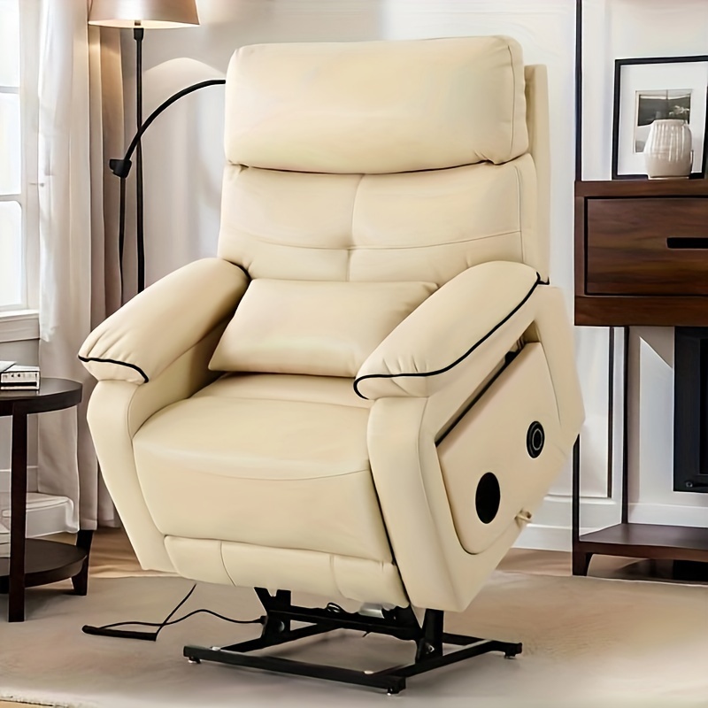 infinite position electric lift recliner with wireless charger and cup holder vibration massage and heating genuine faux leather beige brown silvery gray color   Product details 0