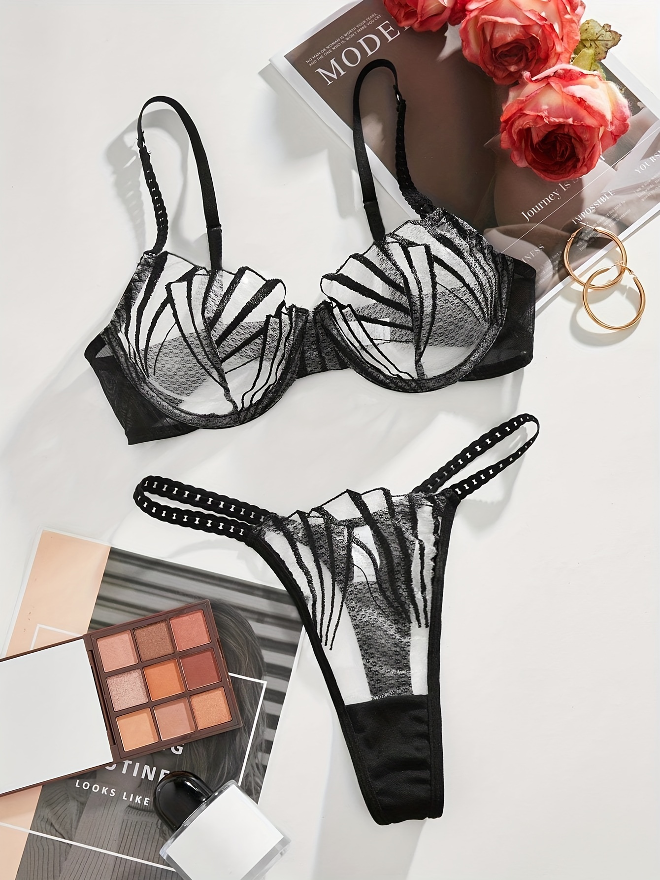 Color Block Mesh Sheer Bra Sexy Lingerie Set With See - Temu Germany
