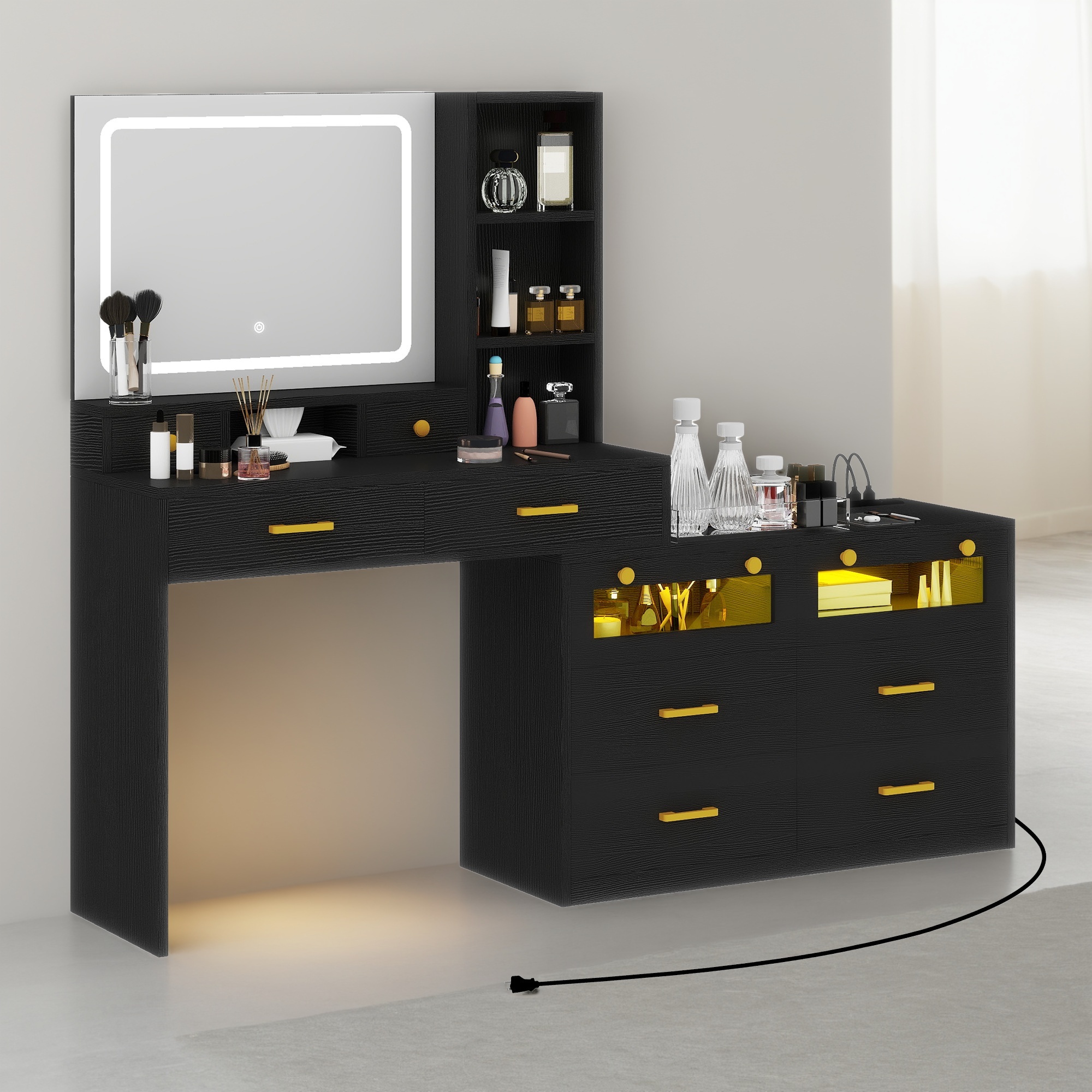 Homshop Modern Vanity Desk with LED * And Adjustable Lights, Makeup Table with 10 Drawers &amp; 4 Storage Shelves, Power Outlet, for Bedroom