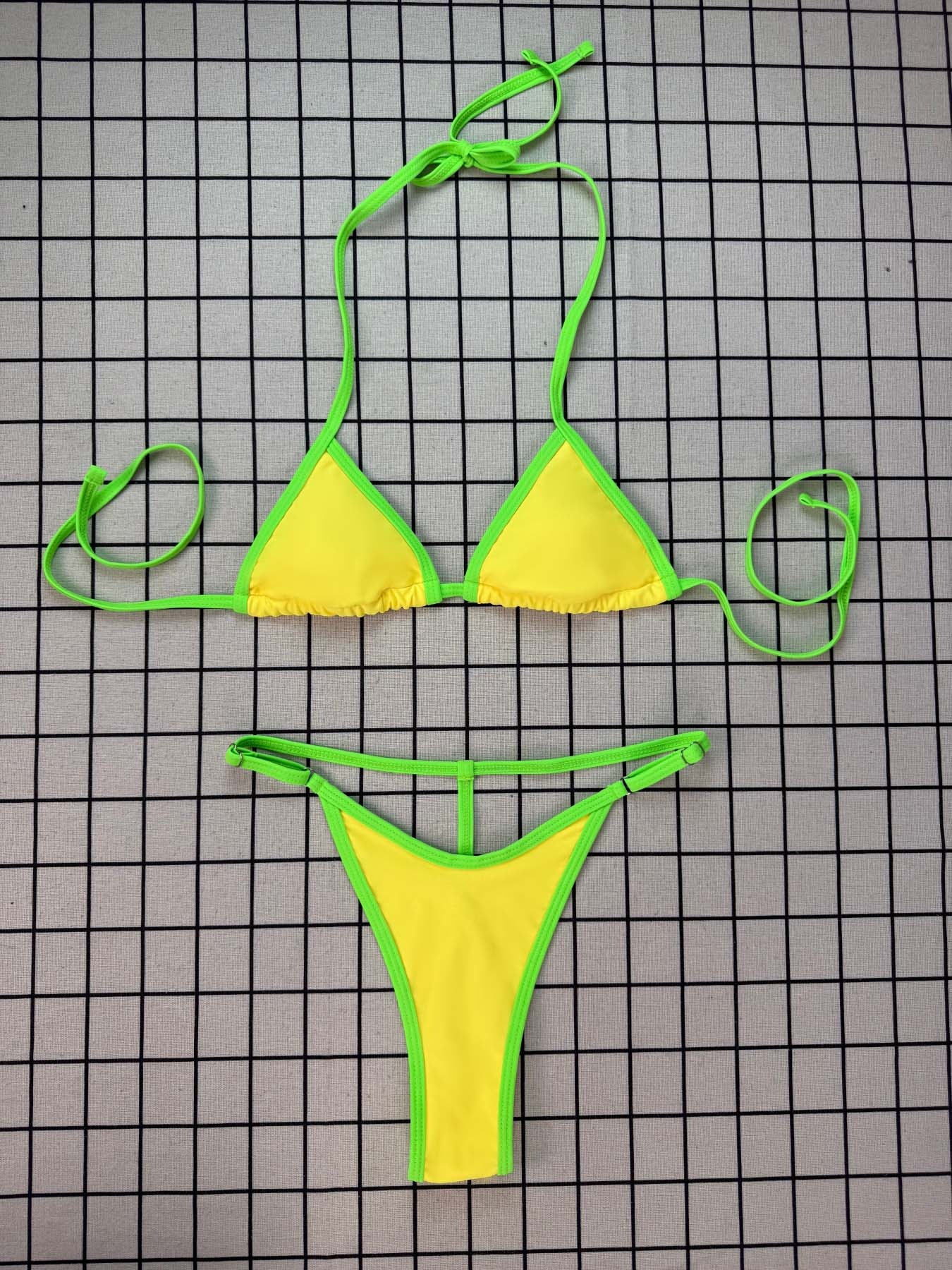 High-Quality Sexy Color-Block Strappy Thong Bikini Two-Piece Set for Women