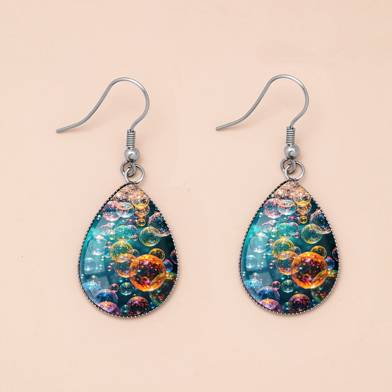 Iridescent Bubble-time Gemstone Pattern Teardrop Earrings, Stainless Steel