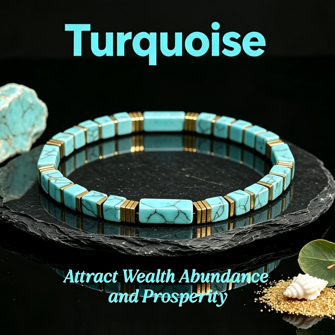 TEMU Pulsera rectangular de turquesa de piedra natural con cuentas, versátil para uso diario para atraer y suavidad, joyería unisex bohemia, elegante