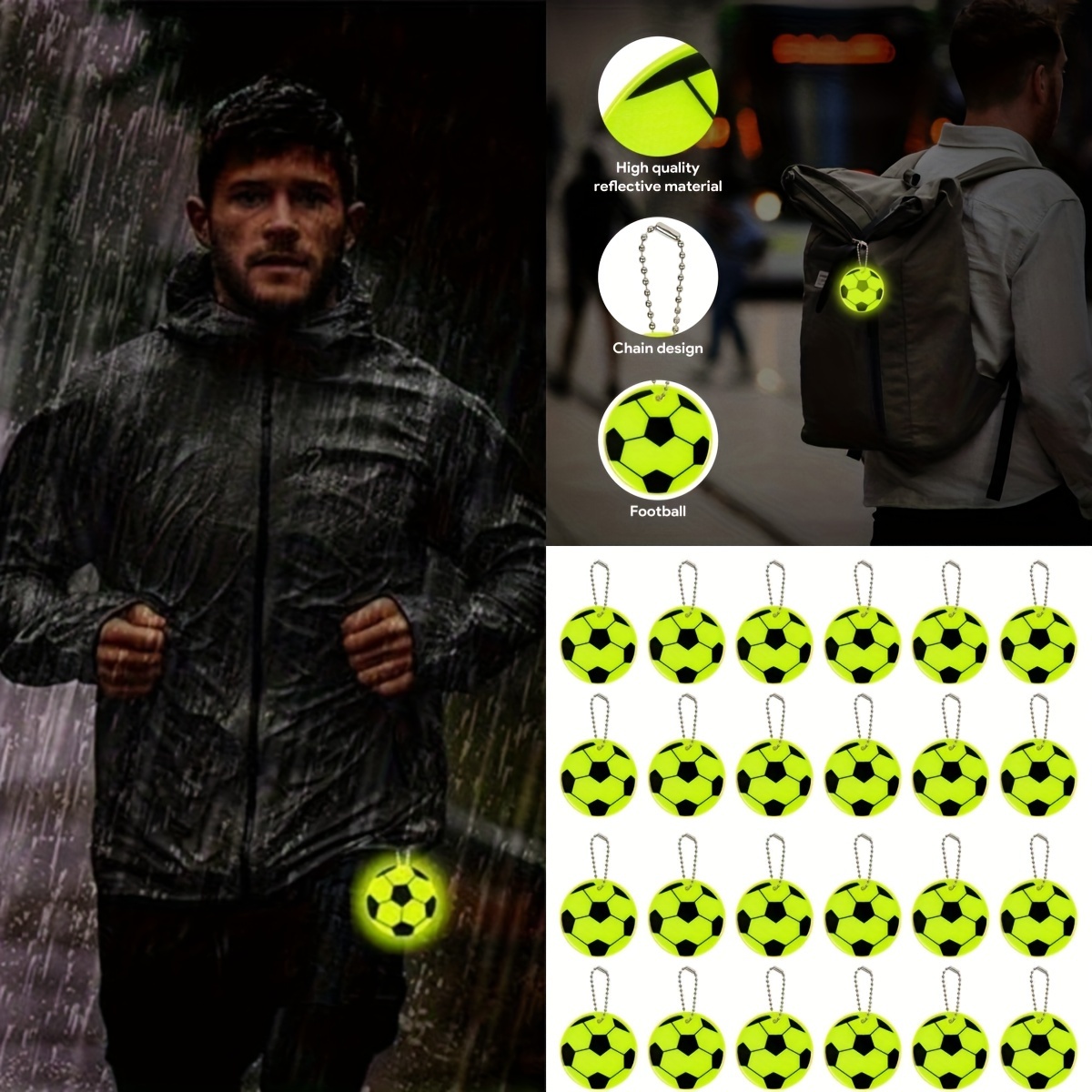 

24pcs/12pcs/6pcs Porte-clés Style Football Anneau de Clé Réfléchissant Pendentif pour Sac d'École de Nuit Cadeau de Camping Sportif pour Hommes et Femmes