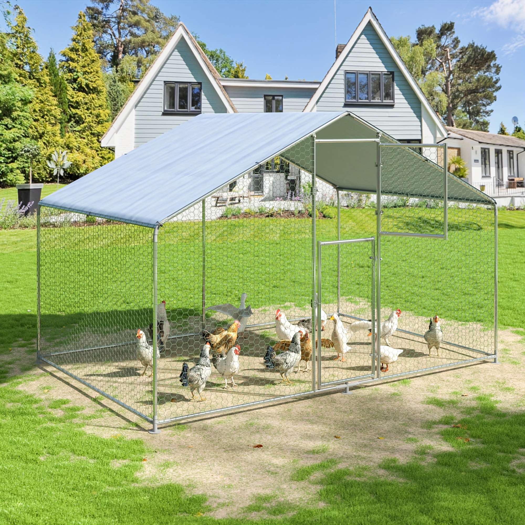 TEMU Polar Aurora Metal Chicken Coop, Large Outdoor Chicken Pen, Walk-in For 6 Chickens, Double Door Chicken House With Waterproof Uv Protection Cover For Backyard